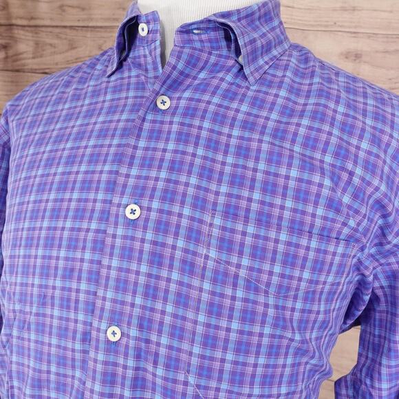 David Donahue Shirt Mens XL Purple Blue Plaid Long Sleeve Button Front Cotton - Picture 2 of 11